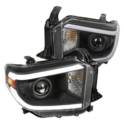 Fits 2014-2021 Toyota Tundra LED Switchback Sequential Turn Signal LED Bar Projector Headlights (Matte Black Housing/Clear Lens)