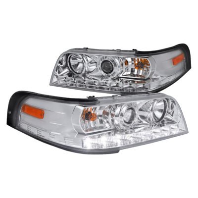 Fits 1998-2011 Ford Crown Victoria Projector Headlights w/ LED Light Strip (Chrome Housing/Clear Lens)