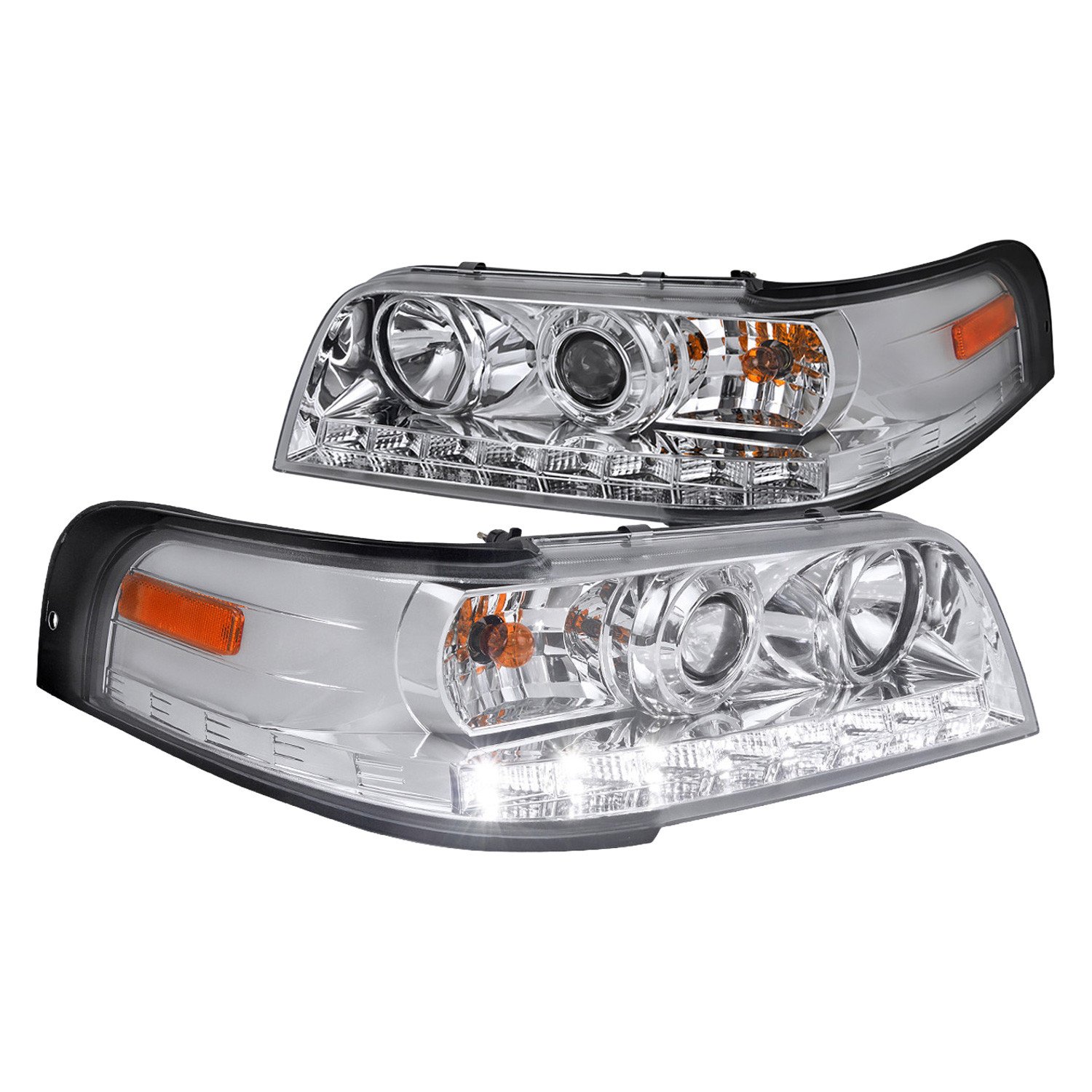 Fits 1998-2011 Ford Crown Victoria Projector Headlights w/ LED Light Strip (Chrome Housing/Clear Lens)