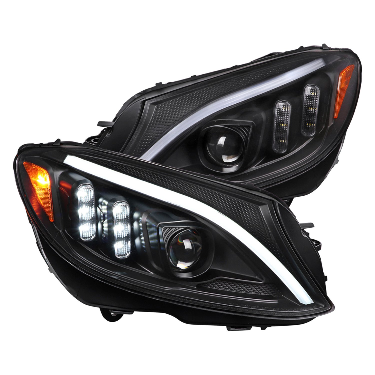 Fits 2015-2018 Mercedes-Benz C-Class W205 Switchback Sequential Turn Signal Projector Headlights (Matte Black Housing/Clear Lens)