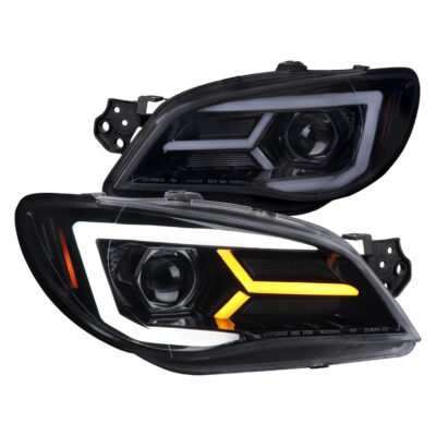 Fits 2006-2007 Subaru Impreza WRX STI LED Bar Sequential Turn Signal Projector Headlights (Glossy Black Housing/Smoked Lens)