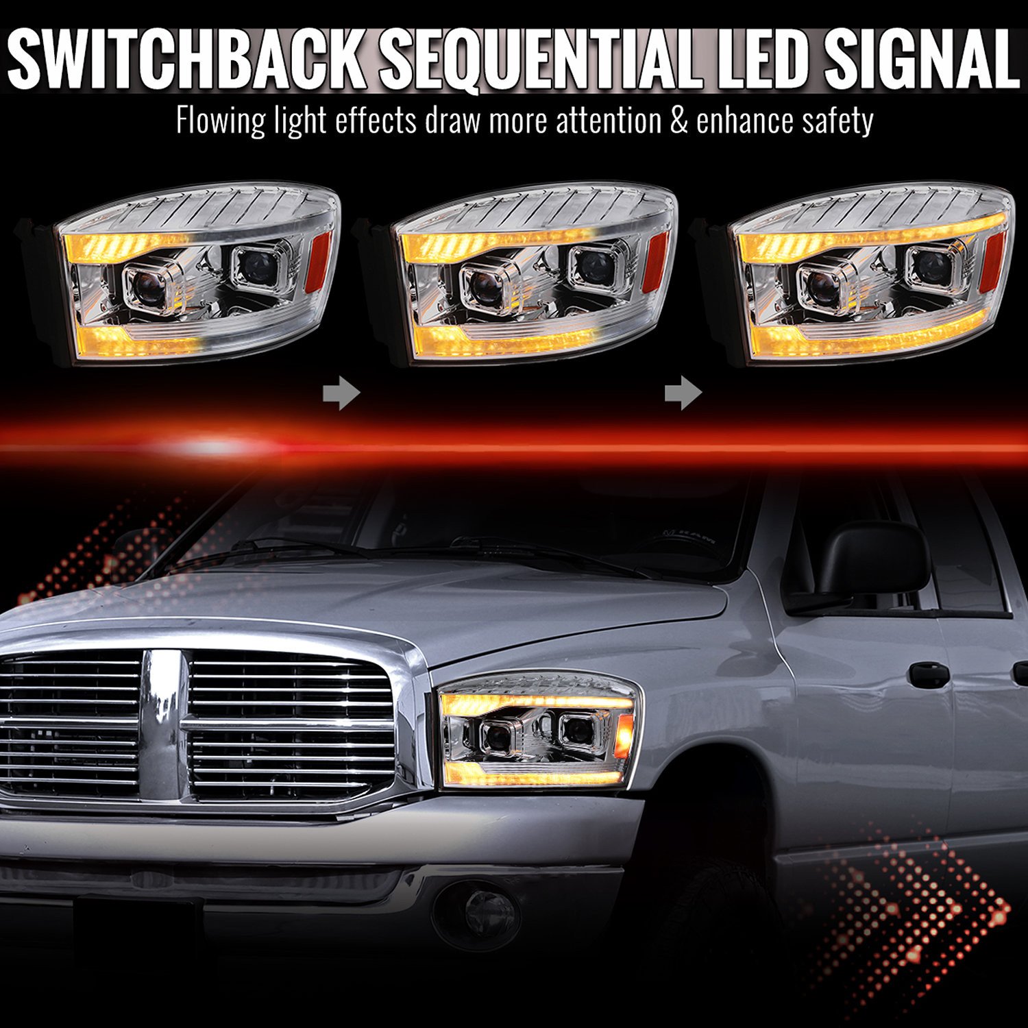 Fits 2006–2008 Dodge RAM 1500 / 2006–2009 RAM 2500 3500 Projector Headlights with Switchback Amber LED Strips, Sequential Turn Signals, DRL & Startup Animation (Chrome Housing / Clear Lens) - Image 6