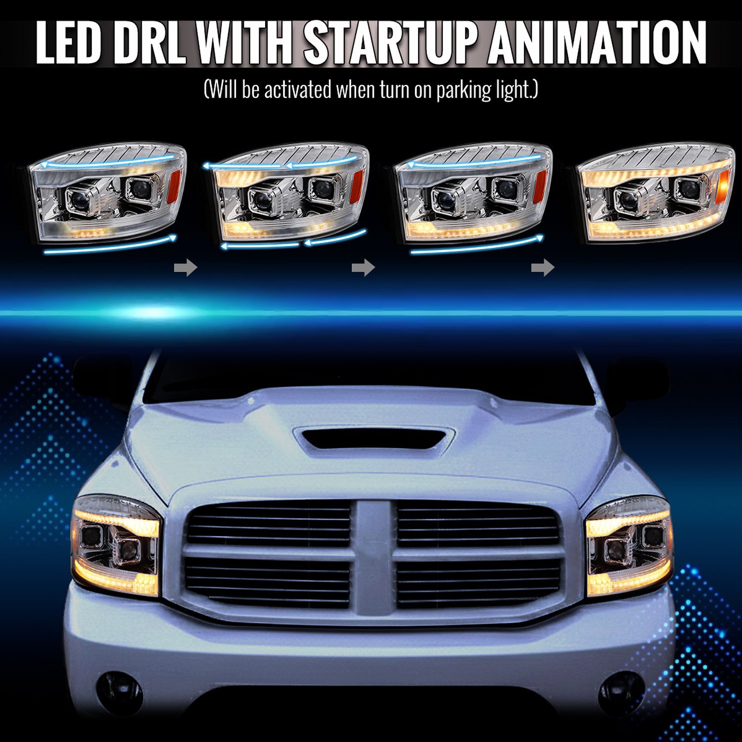Fits 2006–2008 Dodge RAM 1500 / 2006–2009 RAM 2500 3500 Projector Headlights with Switchback Amber LED Strips, Sequential Turn Signals, DRL & Startup Animation (Chrome Housing / Clear Lens) - Image 5