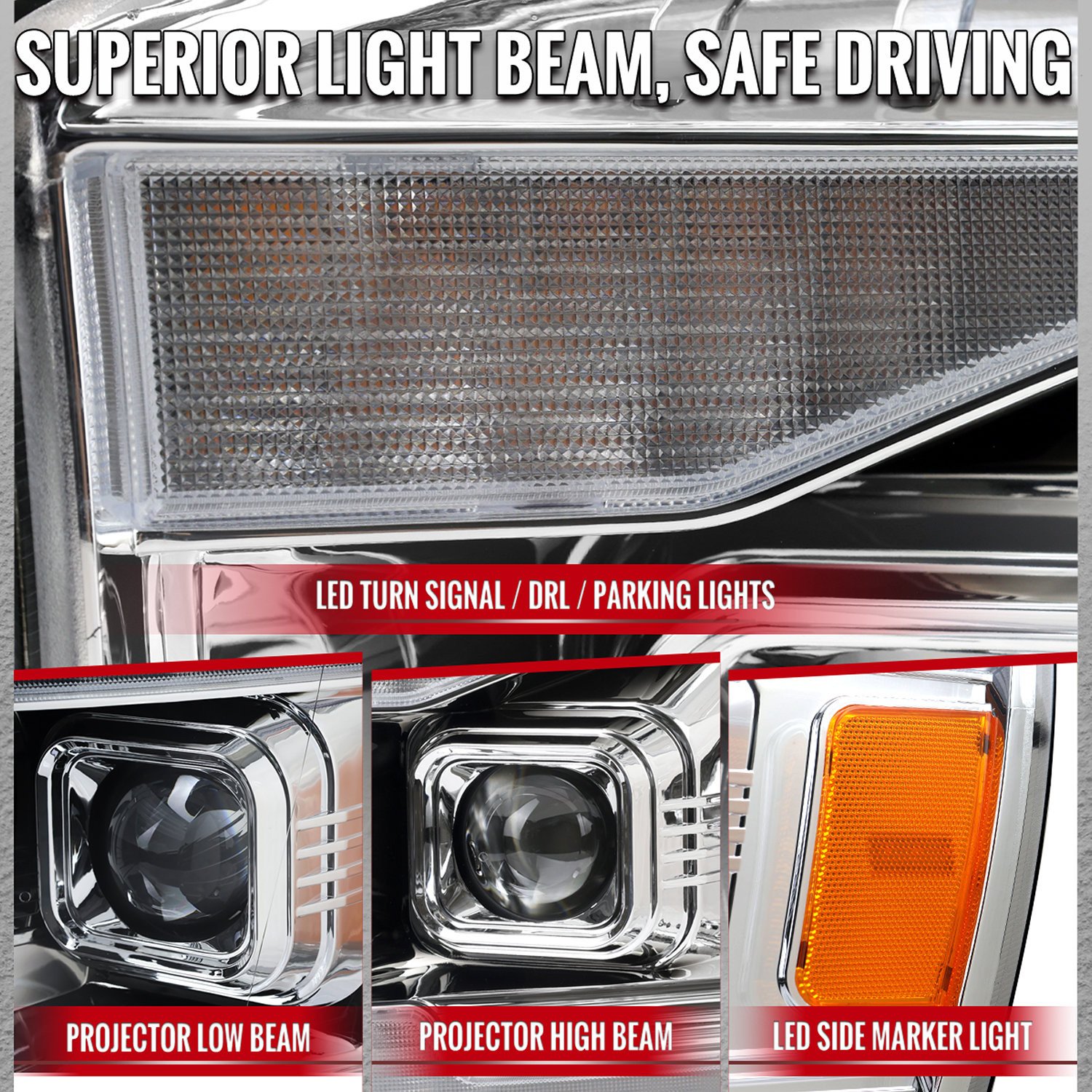Fits 2006–2008 Dodge RAM 1500 / 2006–2009 RAM 2500 3500 Projector Headlights with Switchback Amber LED Strips, Sequential Turn Signals, DRL & Startup Animation (Chrome Housing / Clear Lens) - Image 4