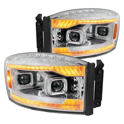 Fits 2006–2008 Dodge RAM 1500 / 2006–2009 RAM 2500 3500 Projector Headlights with Switchback Amber LED Strips, Sequential Turn Signals, DRL & Startup Animation (Chrome Housing / Clear Lens)