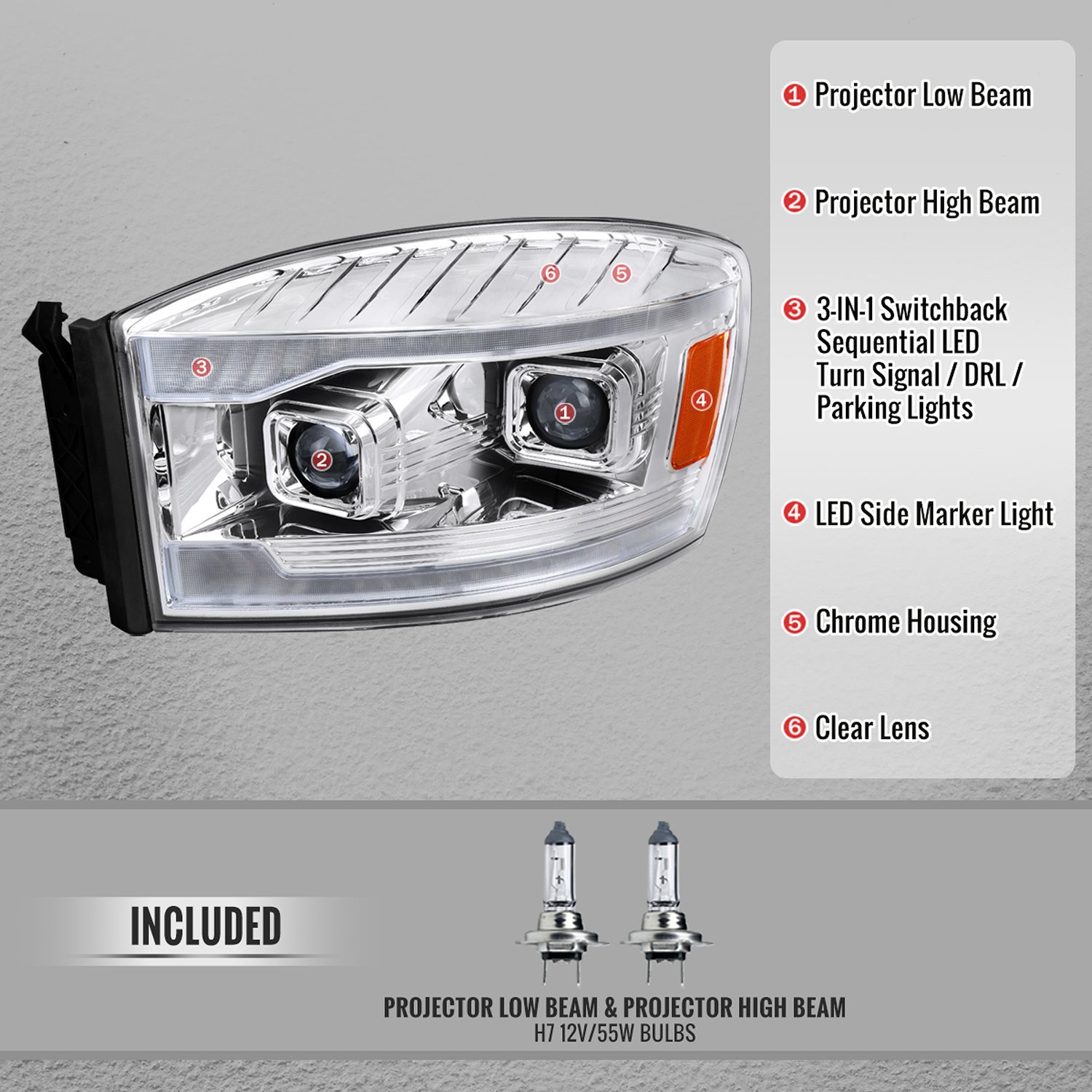 Fits 2006–2008 Dodge RAM 1500 / 2006–2009 RAM 2500 3500 Projector Headlights with Switchback Amber LED Strips, Sequential Turn Signals, DRL & Startup Animation (Chrome Housing / Clear Lens) - Image 2