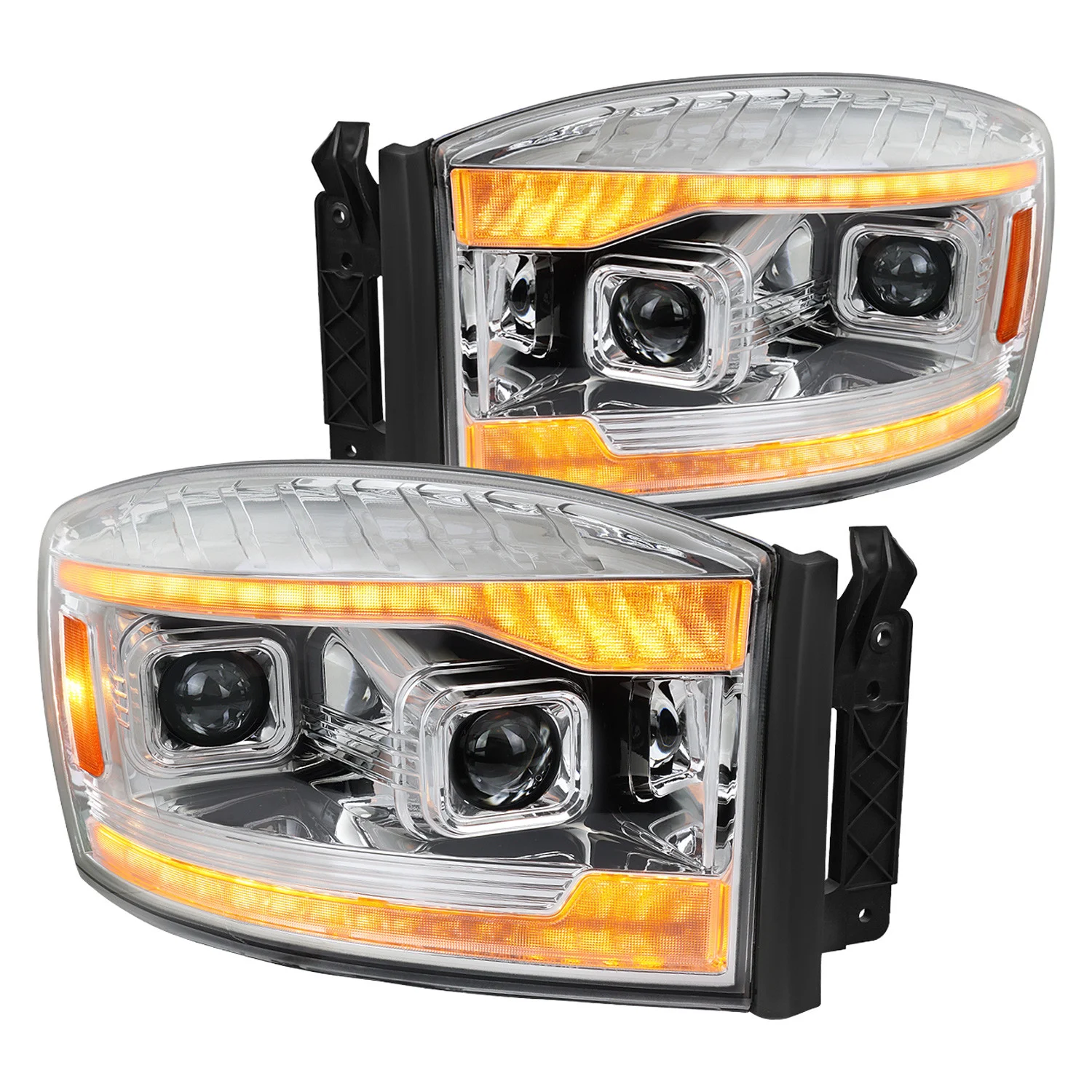 Fits 2006–2008 Dodge RAM 1500 / 2006–2009 RAM 2500 3500 Projector Headlights with Switchback Amber LED Strips, Sequential Turn Signals, DRL & Startup Animation (Chrome Housing / Clear Lens)