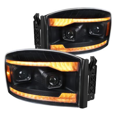 Fits 2006–2008 Dodge RAM 1500 / 2006–2009 RAM 2500 3500 Projector Headlights with Switchback Amber LED Strips, Sequential Turn Signals, DRL & Startup Animation (Black Housing / Clear Lens)