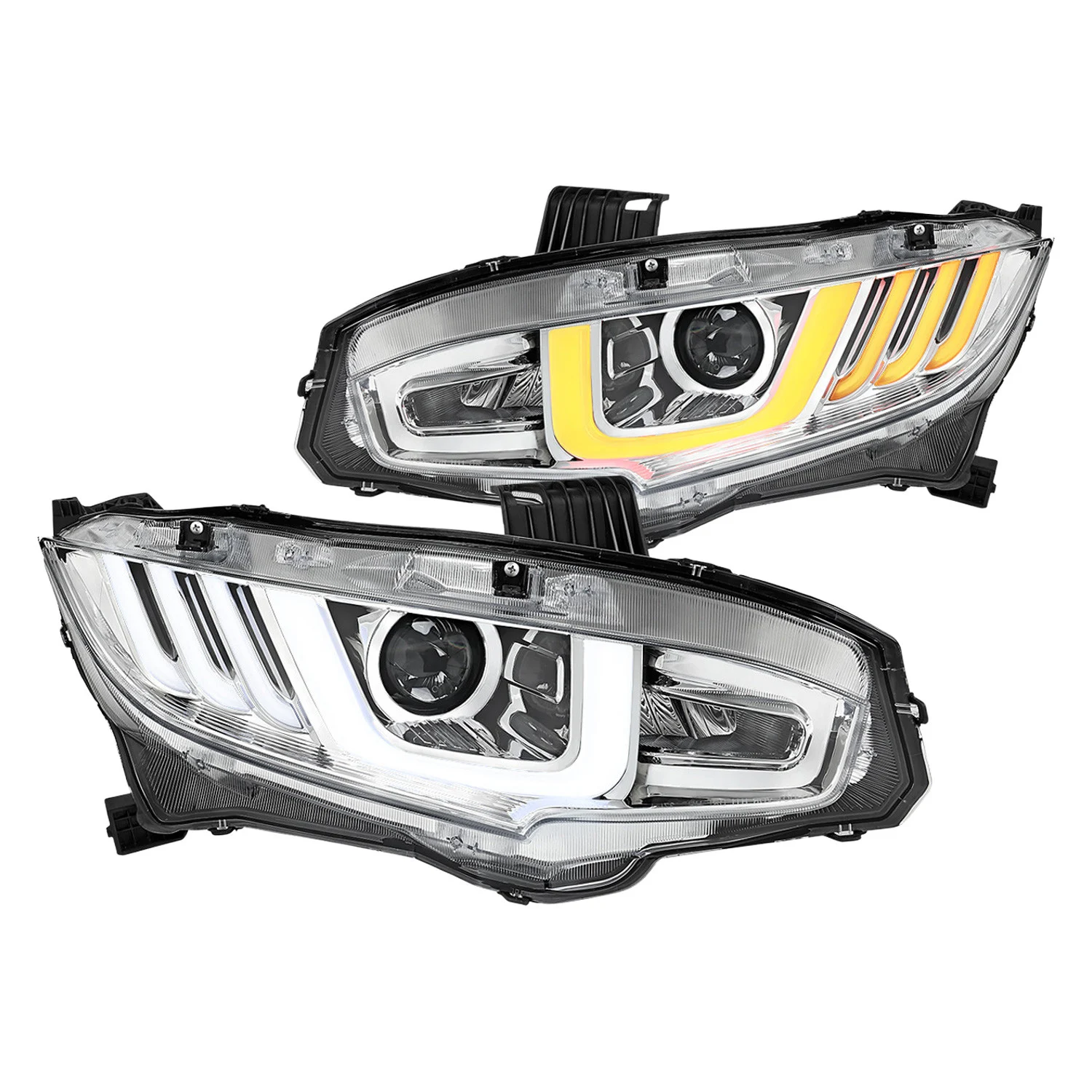 Fits 2016-2021 Honda Civic Full LED Projector Headlights w/ Switchback Sequential Turn Signal (Chrome Housing/Clear Lens)