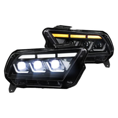 Fits 2010-2014 Ford Mustang Full LED Projector Headlights Sequential Turn Signal Switchback DRL (Matte Black Housing / Clear Lens)