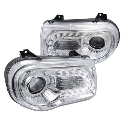 Fits 2005-2010 Chrysler 300 Projector Headlights w/ LED Light Strip (Chrome Housing/Clear Lens)