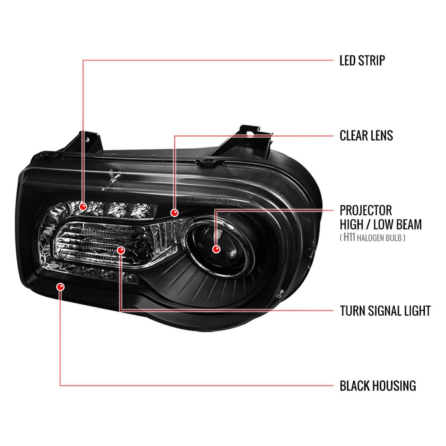 Fits 2005-2010 Chrysler 300 Projector Headlights w/ LED Light Strip (Matte Black Housing/Clear Lens) - Image 2