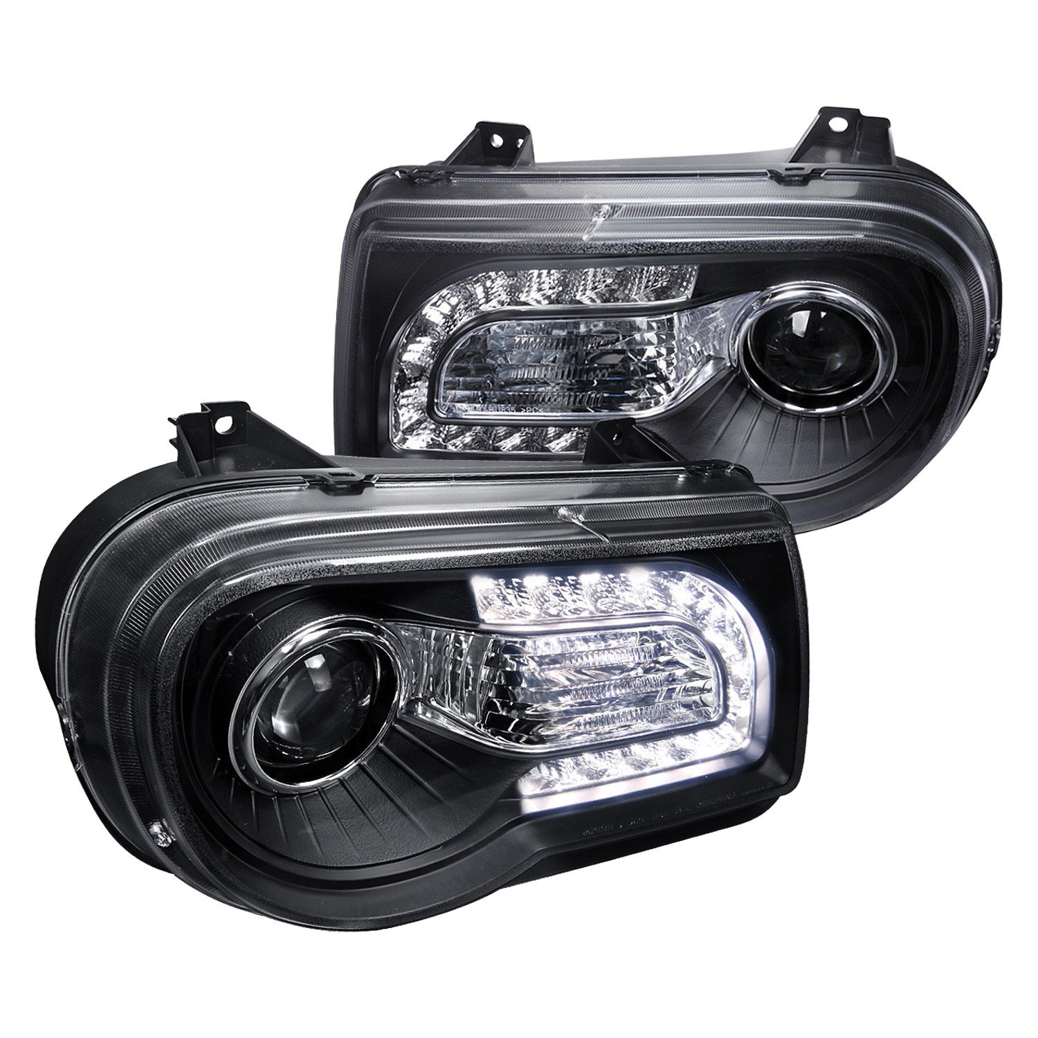 Fits 2005-2010 Chrysler 300 Projector Headlights w/ LED Light Strip (Matte Black Housing/Clear Lens)