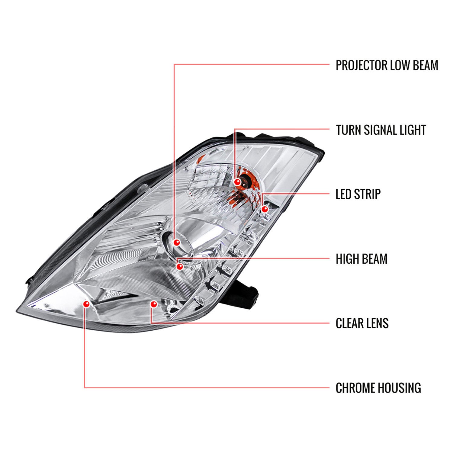Fits 2003-2005 Nissan 350Z Projector Headlights w/ SMD LED Light Strip (Chrome Housing/Clear Lens) - Image 3