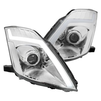 Fits 2006-2009 Nissan 350Z Switchback Sequential Turn Signal Animated LED Bar Projector Headlights (Chrome Housing/Clear Lens)