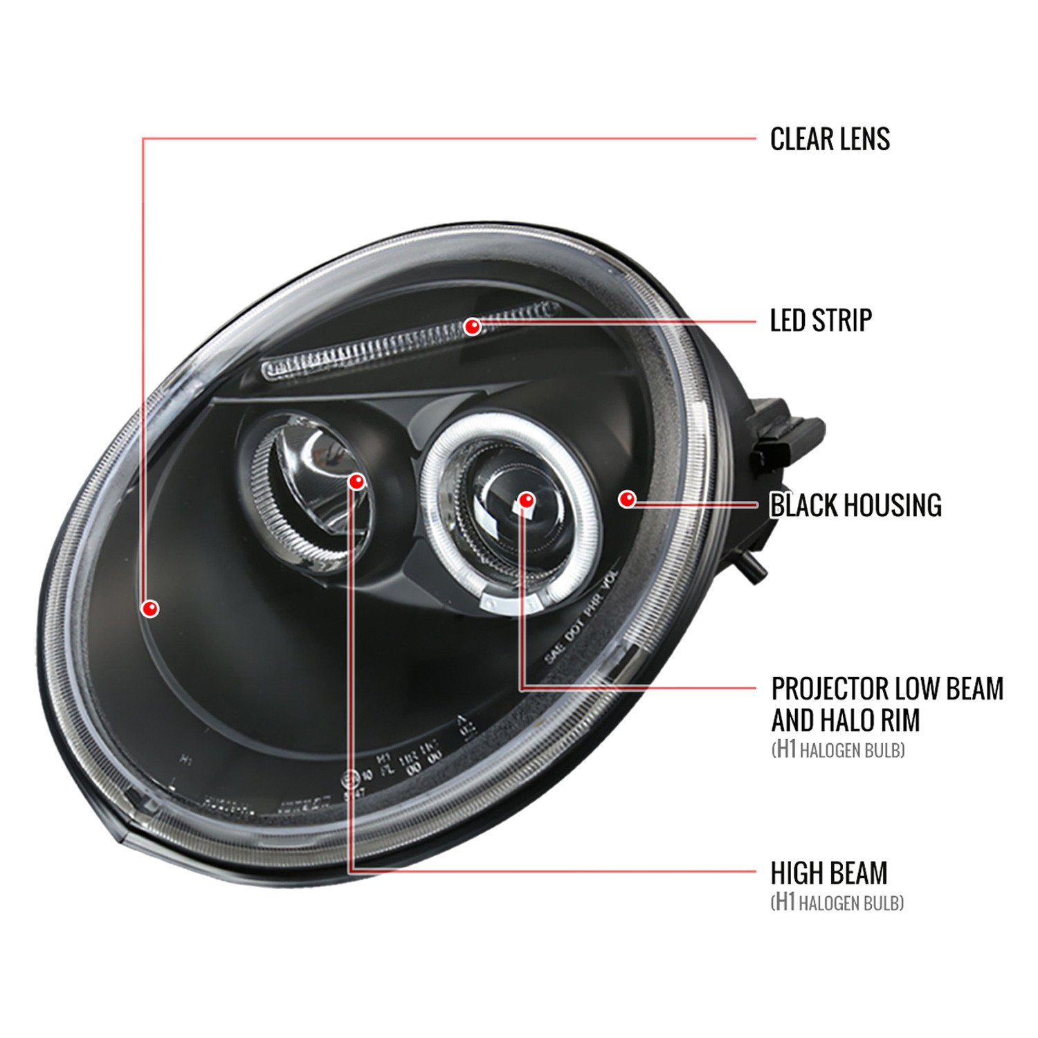Fits 1998-2005 Volkswagen Beetle Halo Projector Headlights (Matte Black Housing/Clear Lens) - Image 2