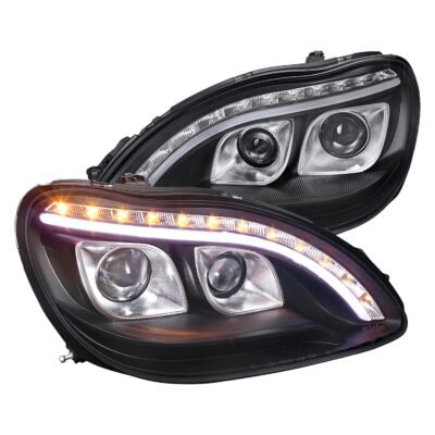 Fits 1998-2006 Mercedes Benz W220 S Class Projector Headlights w/ LED Light Strip & Turn Signal Lights (Matte Black Housing/Clear Lens)