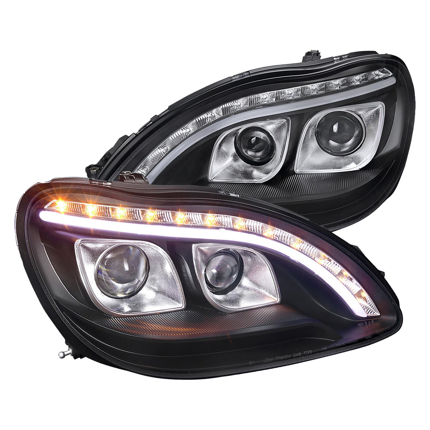 Fits 1998-2006 Mercedes Benz W220 S Class Projector Headlights w/ LED Light Strip & Turn Signal Lights (Matte Black Housing/Clear Lens)