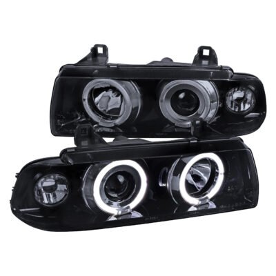 Fits 1992-1998 BMW E36 3 Series Coupe/Sedan Dual Halo Projector Headlights (Glossy Black Housing/Smoked Lens)