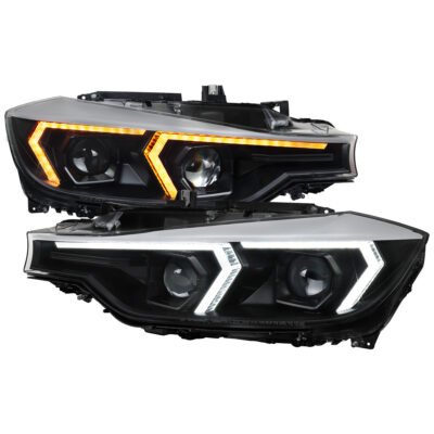 Fits 2012-2015 BMW F30 3 Series Sedan Projector Headlights w/ Switchback Sequential LED Turn Signal (Black Housing / Clear Lens)