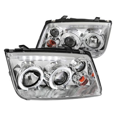 Fits 1999-2005 Volkswagen Jetta/Bora Mk4 Dual Halo Projector Headlights w/ LED Light Strip (Chrome Housing/Clear Lens)