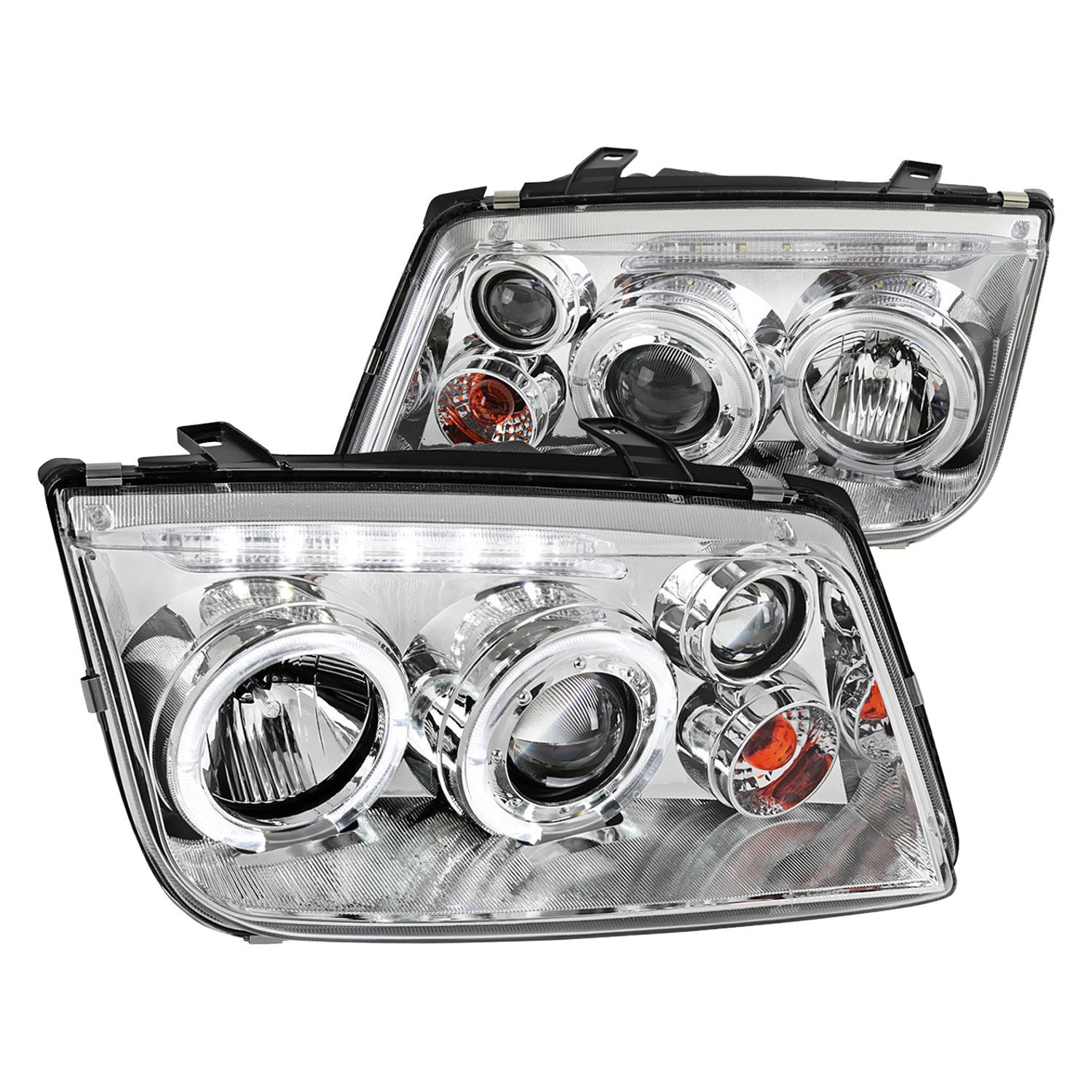 Fits 1999-2005 Volkswagen Jetta/Bora Mk4 Dual Halo Projector Headlights w/ LED Light Strip (Chrome Housing/Clear Lens)