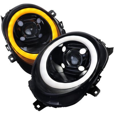 Fits 2014-2021 Mini Cooper F55 F56 F57 Projector Headlights Swithback LED DRL (Glossy Black Housing / Smoked Lens)