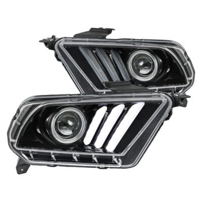 Fits 2010-2014 Ford Mustang LED Bar Projector Headlights w/ Sequential Turn Signals (Jet Black Housing/Clear Lens)