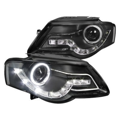 Fits 2006-2010 Volkswagen Passat Halo Projector Headlights w/ R8 Style LED Light Strip (Matte Black Housing/Clear Lens)