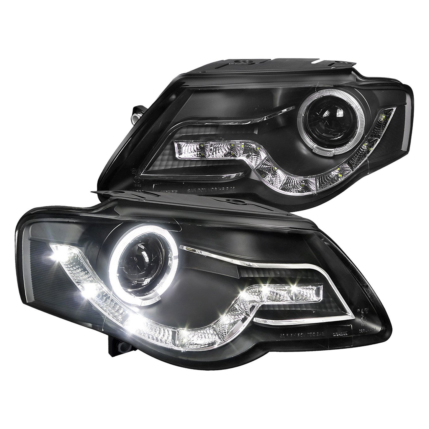 Fits 2006-2010 Volkswagen Passat Halo Projector Headlights w/ R8 Style LED Light Strip (Matte Black Housing/Clear Lens)