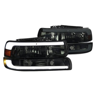 Fits 1999-2002 Chevrolet Silverado / 2000-2006 Tahoe / Suburban LED Bar Factory Style Headlights w/ Bumper Light Assembly (Chrome Housing / Smoked Lens)
