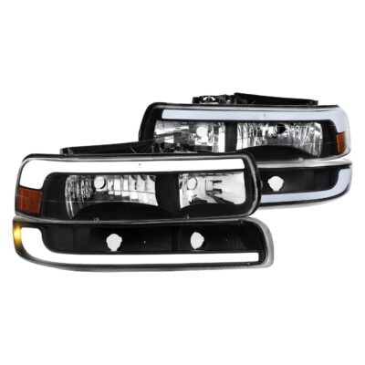 Fits 1999-2002 Chevrolet Silverado / 2000-2006 Tahoe / Suburban LED Bar Factory Style Headlights w/ Bumper Light Assembly (Matte Black Housing / Clear Lens)