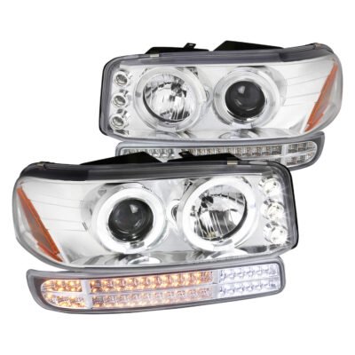 Fits 1999-2006 GMC Sierra/ 2000-2006 Yukon/Yukon XL Dual Halo Projector Headlights with LED Sequential Turn Signal Bumper Lights (Chrome Housing/Clear Lens)