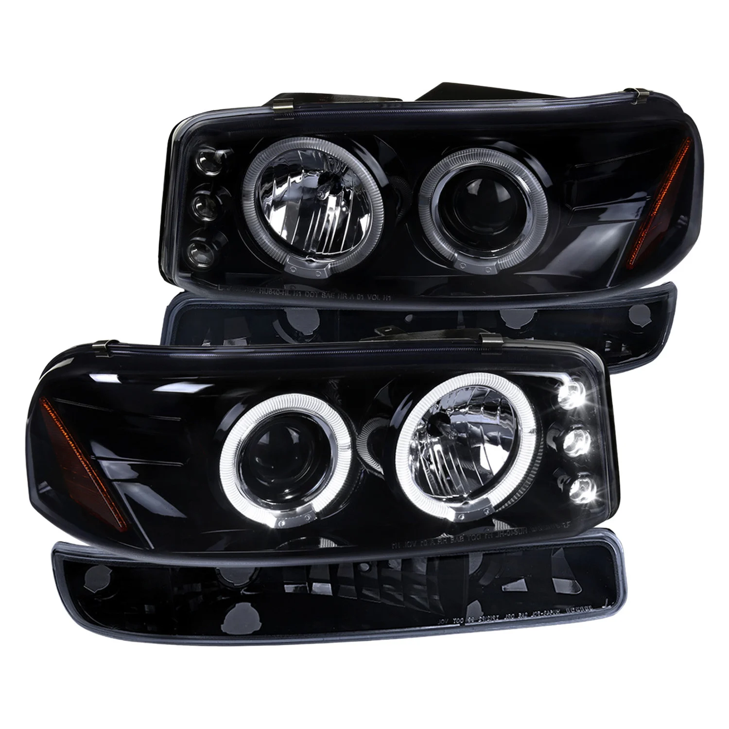 Fits 1999-2006 GMC Sierra/Yukon XL/SLT Dual Halo Projector Headlights & Bumper Lights (Glossy Black Housing/Smoked Lens)