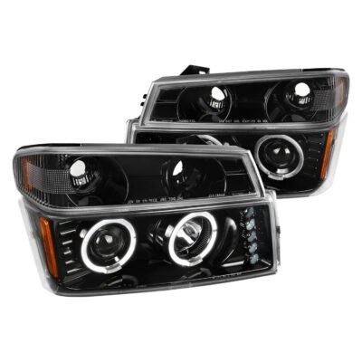 Fits 2004-2012 Chevrolet Colorado GMC Canyon Dual Halo Projector Headlights & Corner Lights Pair (Jet Black Housing/Clear Lens)