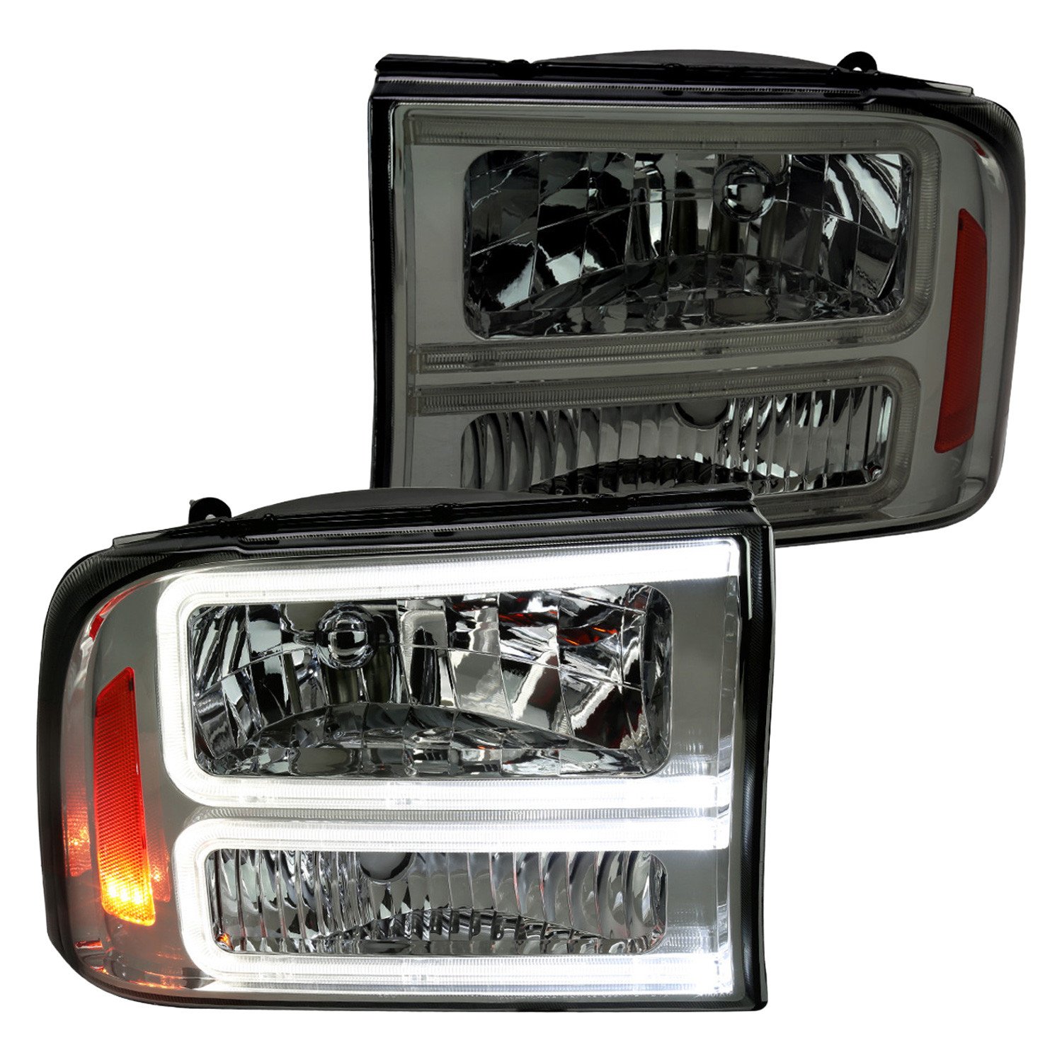Fits 1999-2004 Ford F-250/F-350/F-450/F-550/2000-2004 Excursion Euro Factory Style Headlights with Dual LED C-Bar (Chrome Housing/Smoked Lens)