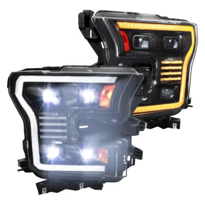 Fits 2015-2017 Ford F-150 LED Projector Headlights w/ Switchback LED Sequential Turn Signals DRL Parking Light Strip (Black Housing / Clear Lens)