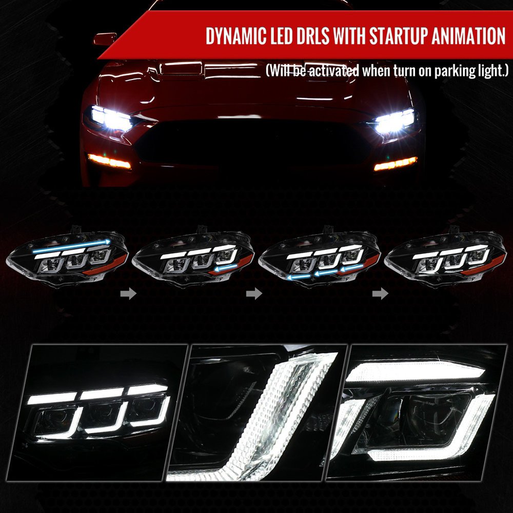 Fits 2018–2023 Ford Mustang Full LED Projector Headlights Switchback Sequential with Start-Up Animation (Glossy Black Housing / Clear Lens) - Image 7