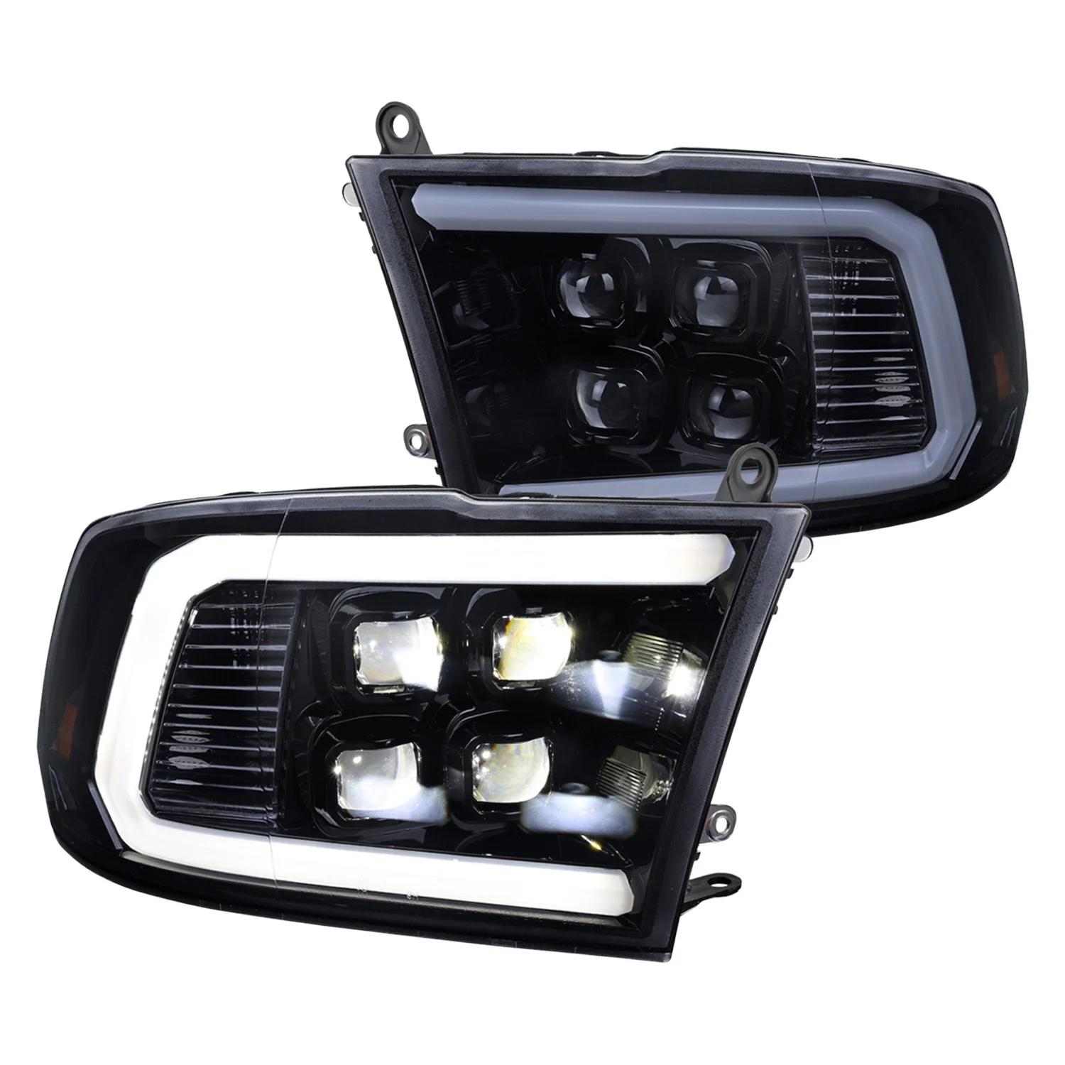 Fits 2009-2018 Dodge RAM 1500 / 2019 RAM Classic / 2010-2018 RAM 2500 3500 LED Bar Sequential Turn Signal Projector Headlights (Glossy Black Housing / Smoked Lens)