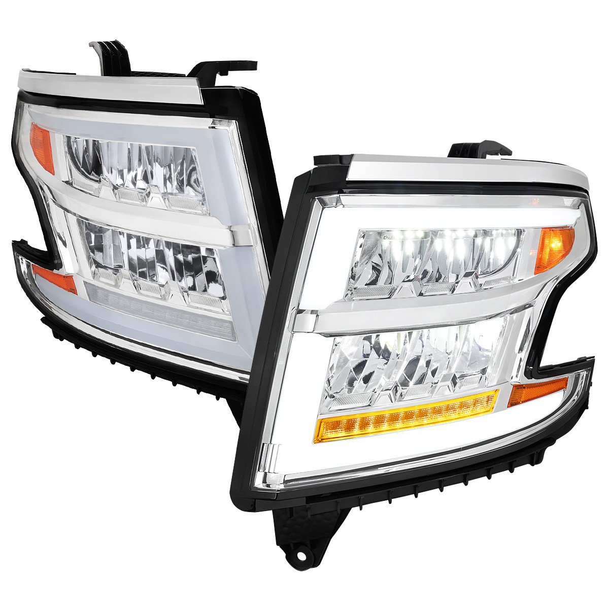 Fits 2015-2020 Chevrolet Tahoe Suburban Full LED DRL Sequential Headlights (Chrome Housing / Clear Lens)