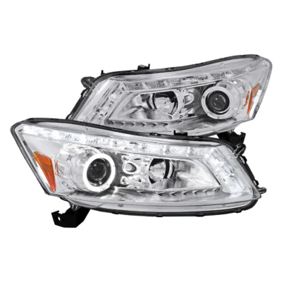 Fits 2008-2012 Honda Accord Sedan Single Halo Projector Headlights w/ LED Light Strip & LED Turn Signal Lights (Chrome Housing/Clear Lens)