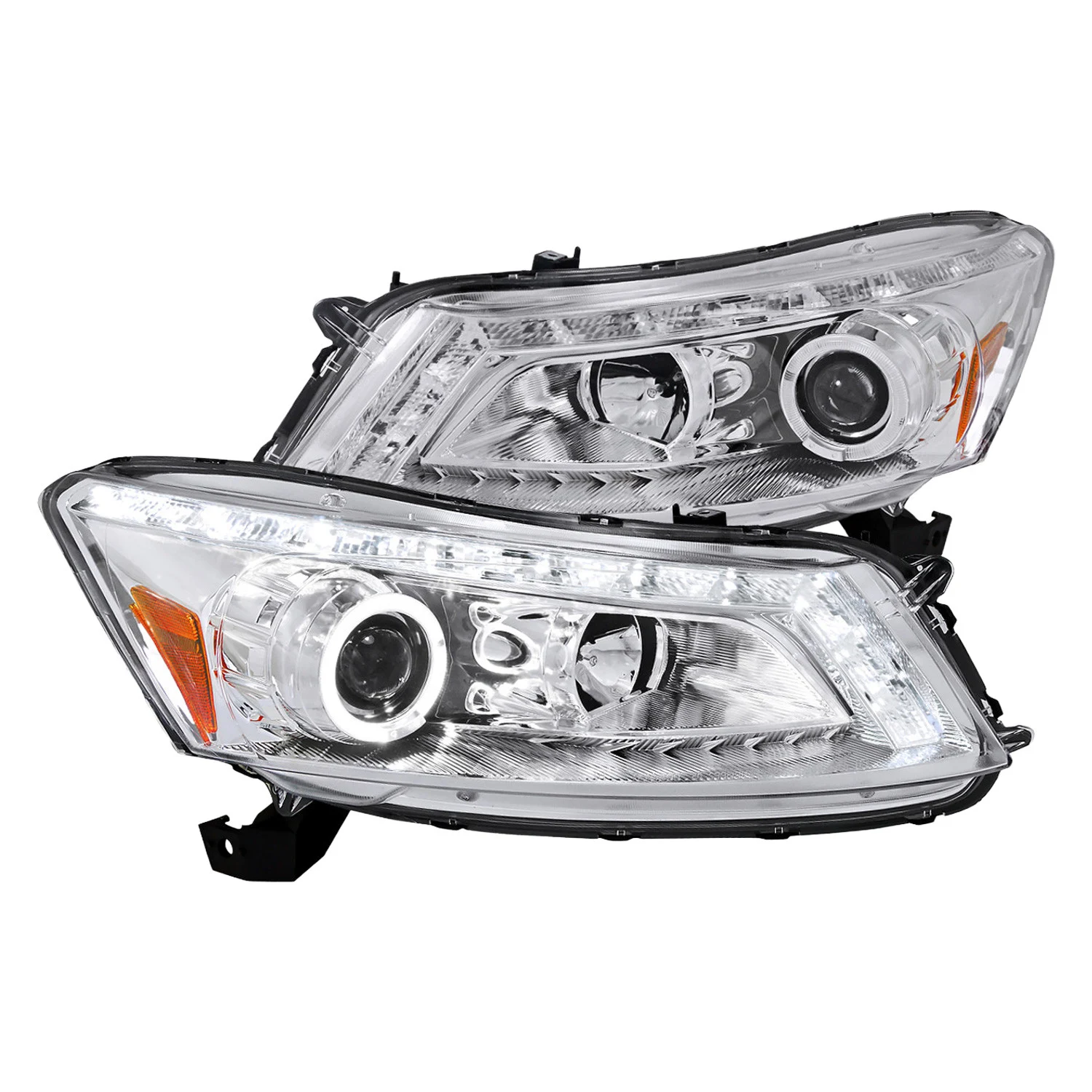 Fits 2008-2012 Honda Accord Sedan Single Halo Projector Headlights w/ LED Light Strip & LED Turn Signal Lights (Chrome Housing/Clear Lens)