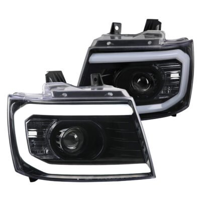 Fits 2007-2013 Chevrolet Avalanche/ 2007-2014 Tahoe Suburban LED C-Bar Projector Headlights (Jet Black Housing/Clear Lens)