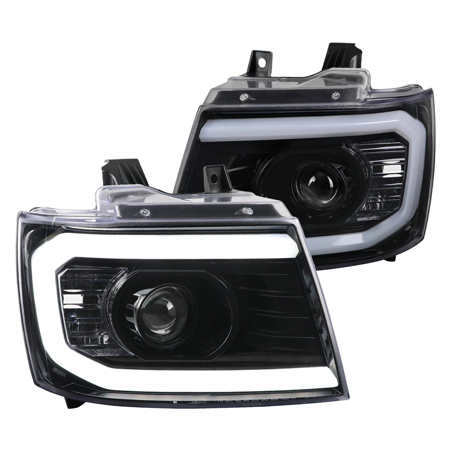 Fits 2007-2013 Chevrolet Avalanche/ 2007-2014 Tahoe Suburban LED C-Bar Projector Headlights (Jet Black Housing/Clear Lens)