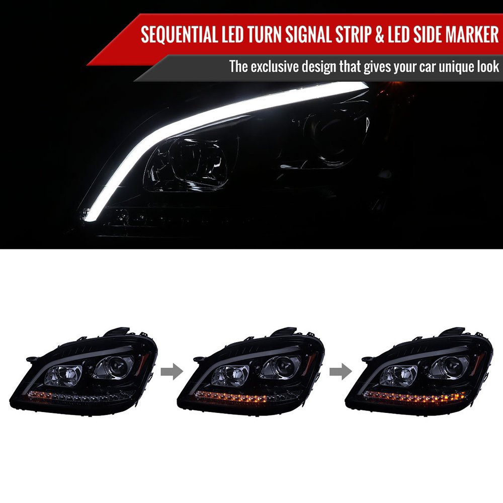 Fits 2006-2008 Mercedes Benz W164 ML Class LED Bar Projector Headlights w/ Sequential Turn Signal Lights (Glossy Black Housing/Smoked Lens) - Image 12