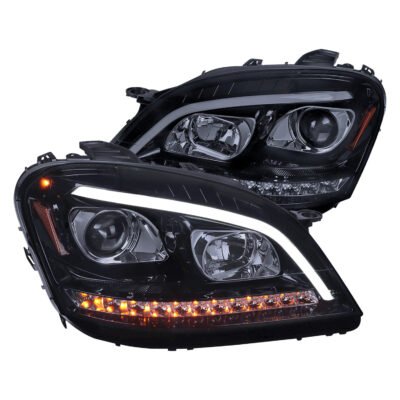 Fits 2006-2008 Mercedes Benz W164 ML Class LED Bar Projector Headlights w/ Sequential Turn Signal Lights (Glossy Black Housing/Smoked Lens)