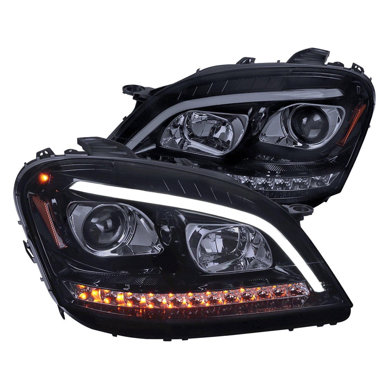 Fits 2006-2008 Mercedes Benz W164 ML Class LED Bar Projector Headlights w/ Sequential Turn Signal Lights (Glossy Black Housing/Smoked Lens)