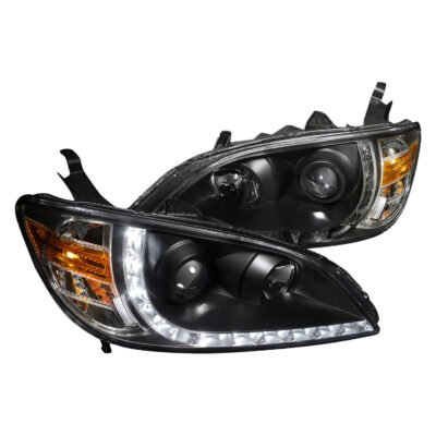 Fits 2004-2005 Honda Civic Projector Headlights w/ R8 Style LED Light Strip (Matte Black Housing/Clear Lens)