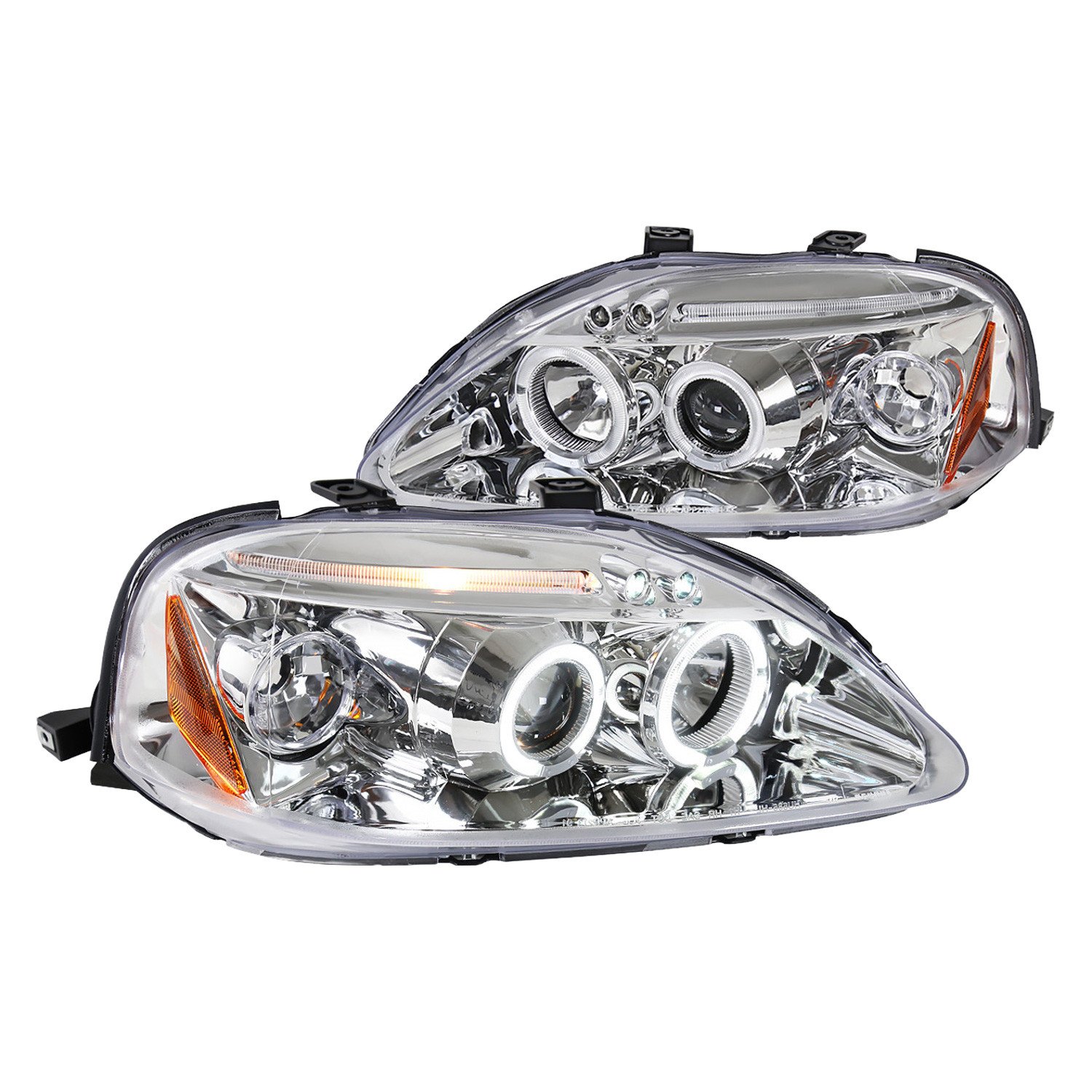 Fits 1999-2000 Honda Civic Dual Halo Projector Headlights (Chrome Housing/Clear Lens)