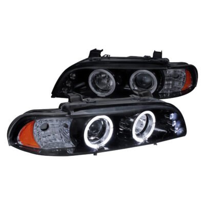 Fits 1996-2003 BMW E39 5 Series Dual Halo Projector Headlights (Glossy Black Housing/Smoked Lens)